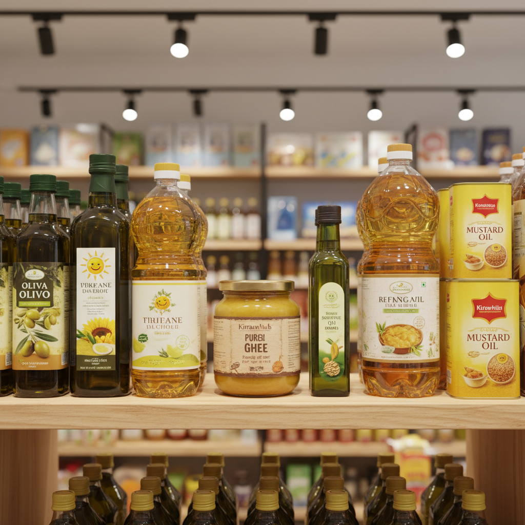 Cooking oils and pure ghee bottles showing variety of oil options at KiranaMart grocery store