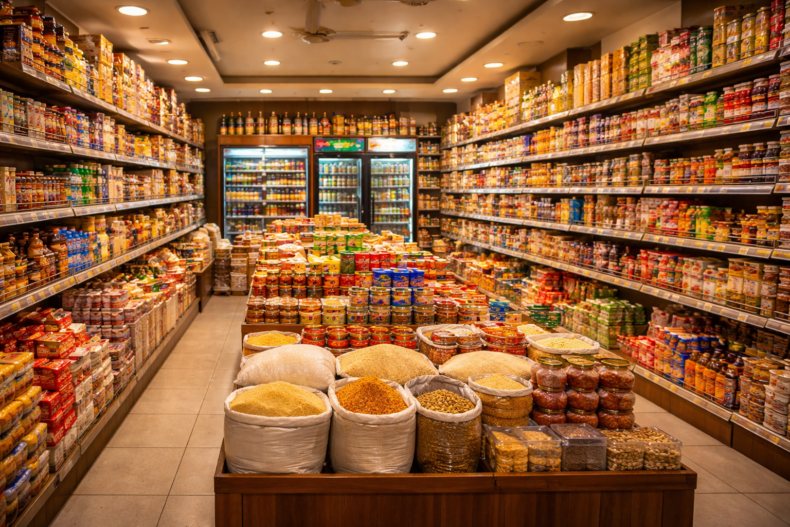 Quality Products and produce at KiranaMart local grocery store with colorful vegetables and pantry items