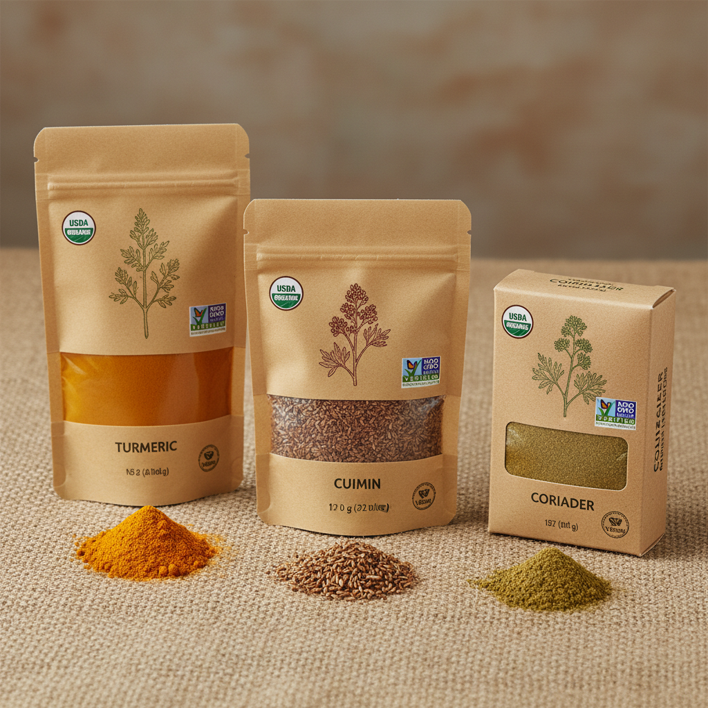 Colorful Indian spices in containers showing turmeric cumin and other masalas at KiranaMart