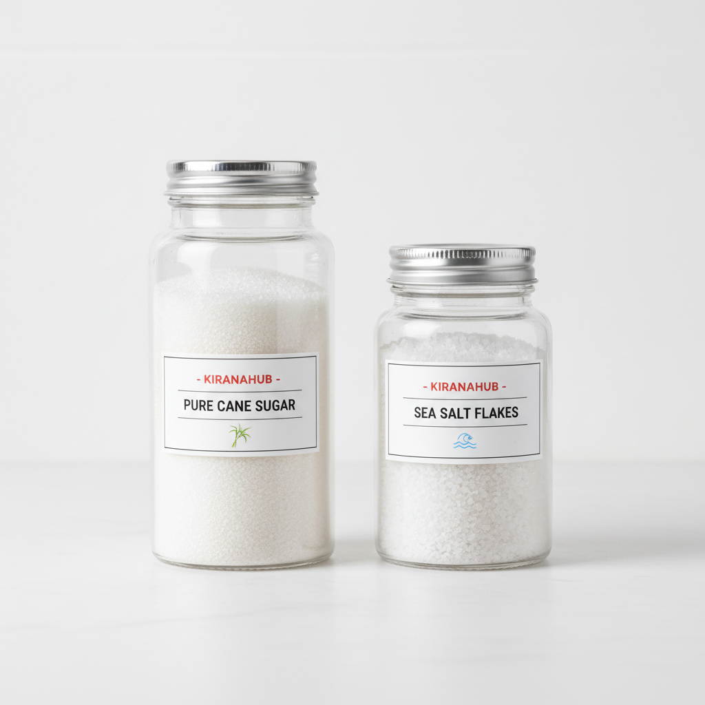 Sugar and salt containers showing pantry essentials available at KiranaMart